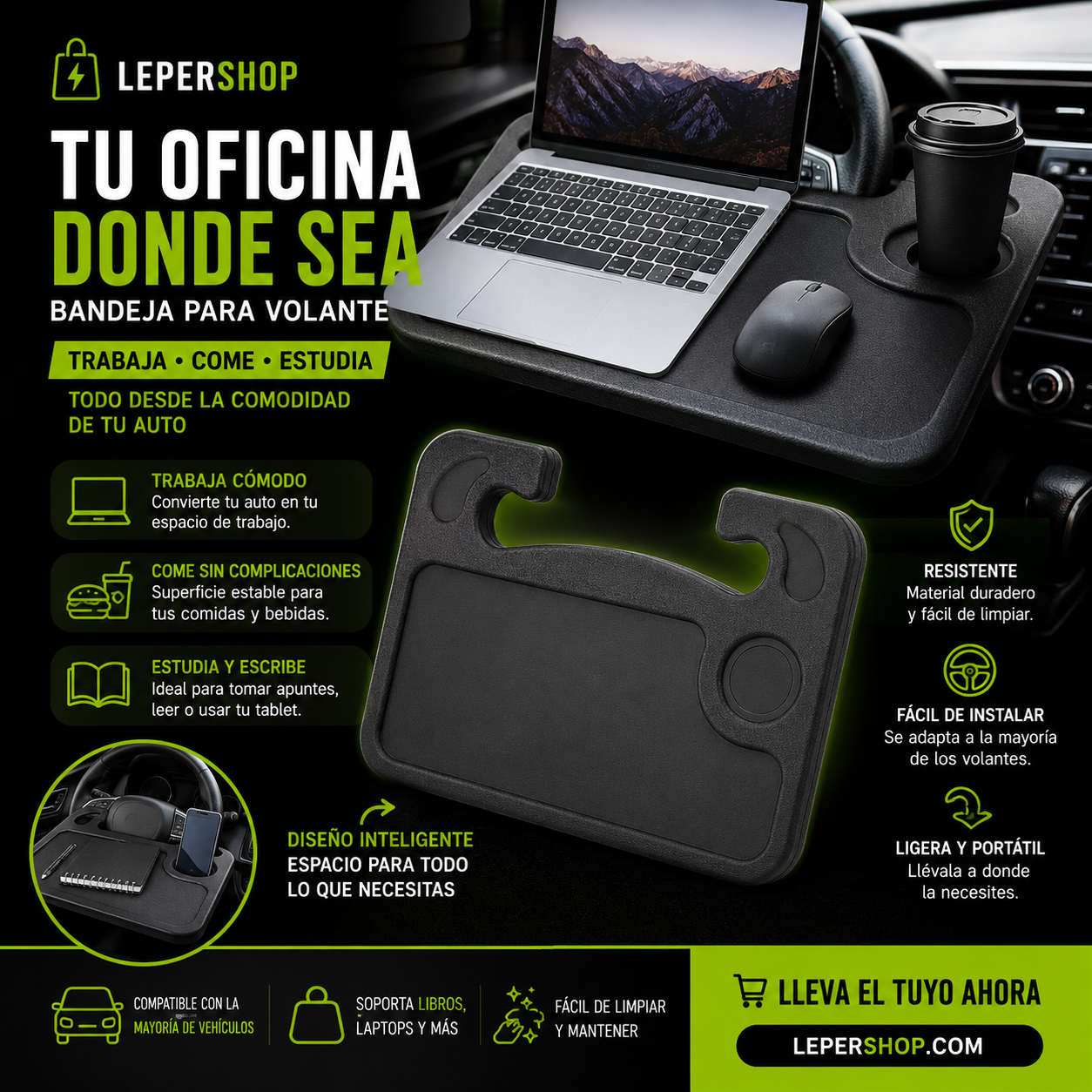 Bandeja Multifuncional para Volante — Tu Mesa en el Auto 🚗