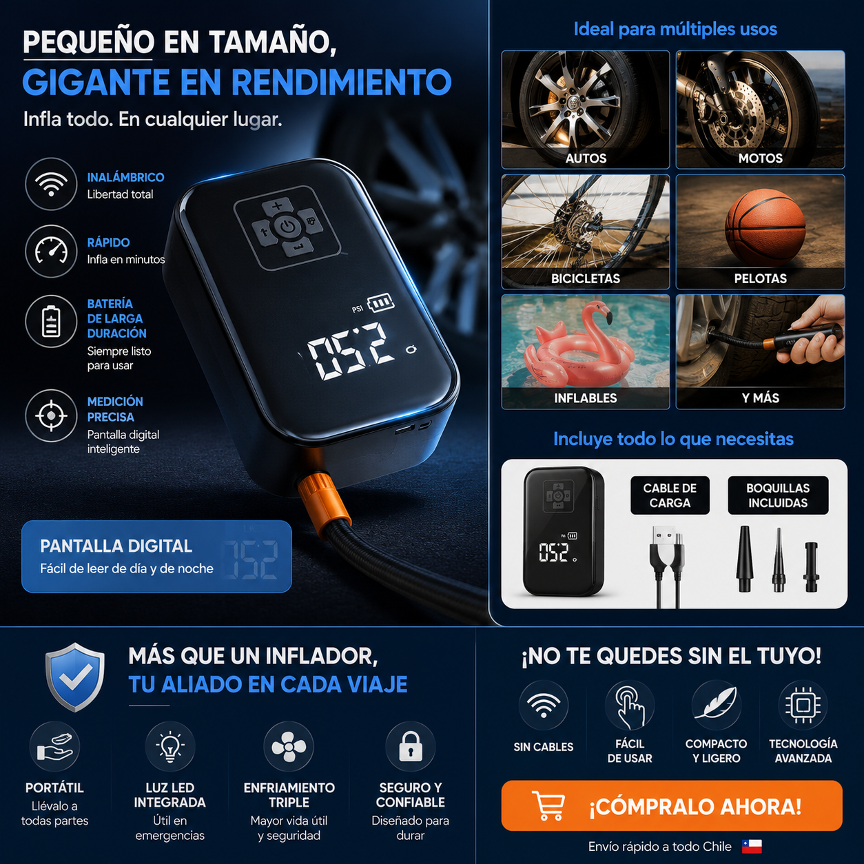 Compresor de Aire Portátil Digital — Inflado Preciso Donde lo Necesites